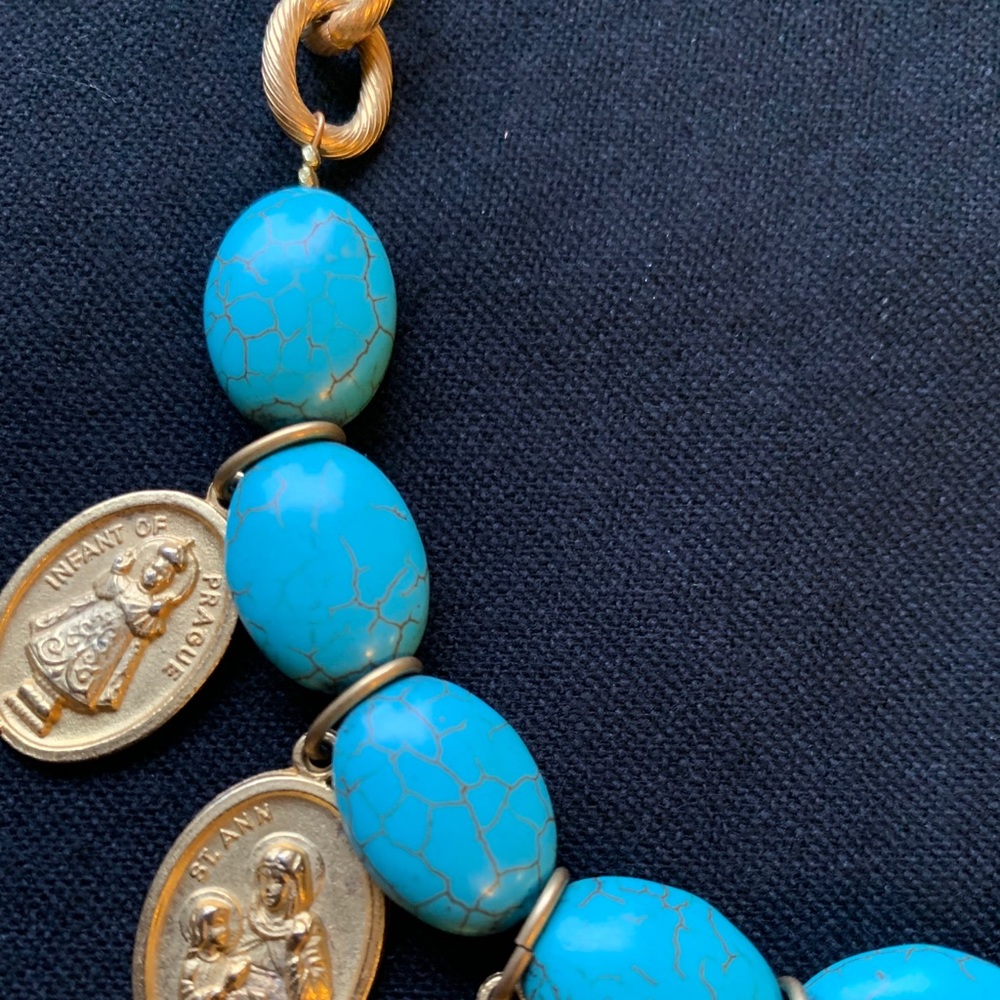 Turquoise and Gold Religious Medal Charm Necklace - Picture 7 of 11